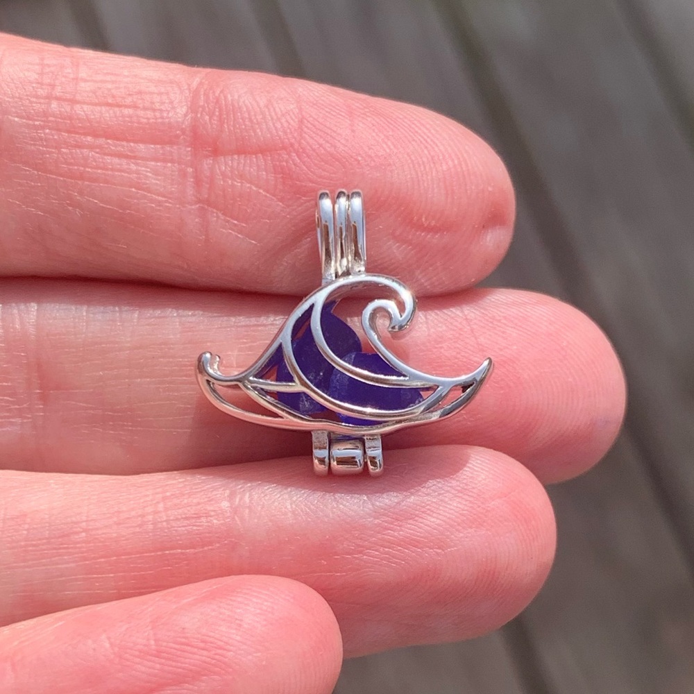 Sterling Silver Wave Locket Genuine Sea Glass Blue